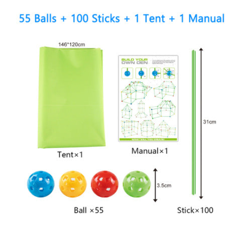 Kit Cabana de Montar com 55 bolinhas, 100 varetas e pano de tenda verde