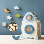 Brinquedo educativo de madeira com cinco atividades Montessori