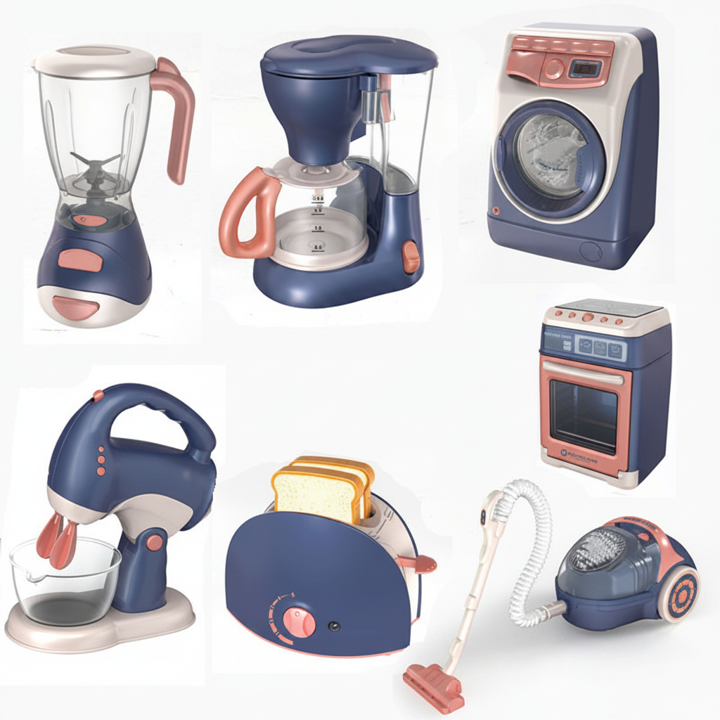 Kit de mini eletrodomésticos infantis coloridos contendo máquina de lavar e cafeteira.